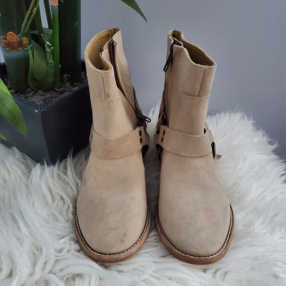 Faryl Robin Anthropologie Zink Tan Suede Harness Boots Size 6.5